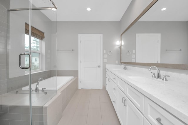 206 Green Blvd, Shenandoah, TX 77384 - bathroom featuring double vanity, a garden tub, a shower stall, recessed lighting, and tile patterned floors