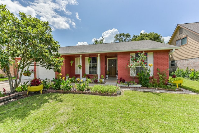 10806 Sagegulf Ln, Houston, TX 77089 - ranch-style home featuring brick siding, a front yard, a porch, and an attached garage