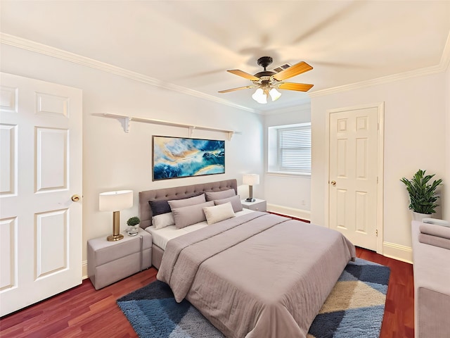 7123 Galleon Dr, Houston, TX 77036 - bedroom featuring ornamental molding, dark wood-style floors, and ceiling fan