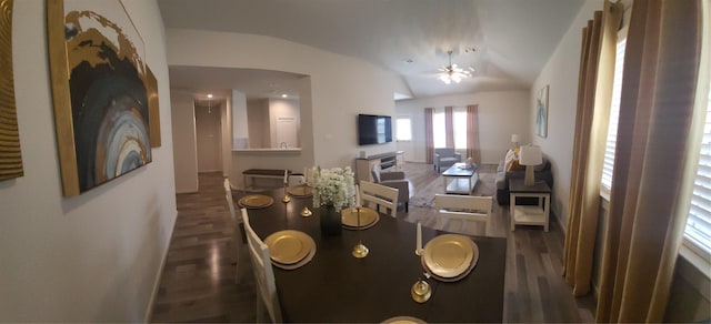 21319 Indigo Ruth Dr, Spring, TX 77379 - dining space featuring wood finished floors, lofted ceiling, and ceiling fan