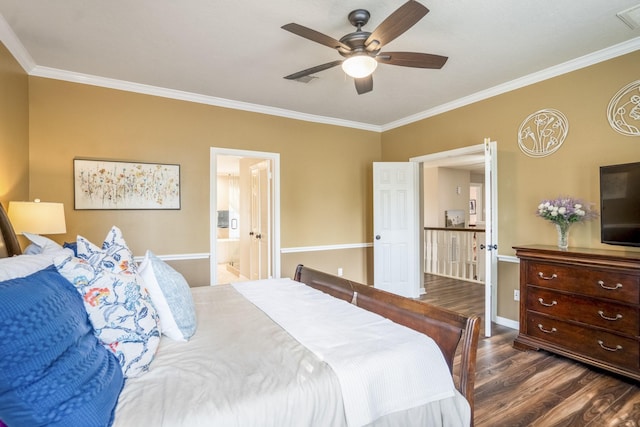 20919 Autumn Redwood Way, Cypress, TX 77433 - bedroom with dark wood-style floors, ornamental molding, ensuite bathroom, and ceiling fan
