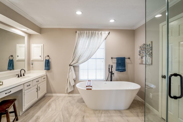 20919 Autumn Redwood Way, Cypress, TX 77433 - full bath with vanity, ornamental molding, a soaking tub, marble finish floors, and a stall shower