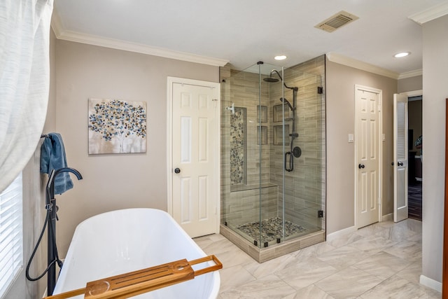 20919 Autumn Redwood Way, Cypress, TX 77433 - full bath featuring a shower stall, a soaking tub, marble finish floors, ornamental molding, and recessed lighting