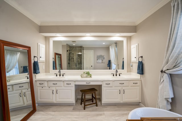 20919 Autumn Redwood Way, Cypress, TX 77433 - full bath with a stall shower, double vanity, crown molding, and a freestanding tub