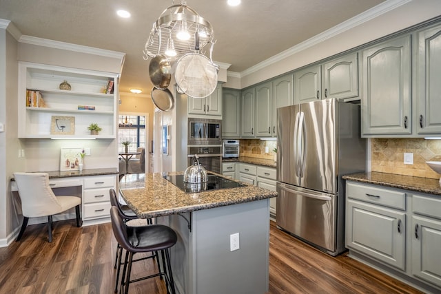 20919 Autumn Redwood Way, Cypress, TX 77433 - kitchen with appliances with stainless steel finishes, open shelves, crown molding, dark wood-style flooring, and a kitchen island