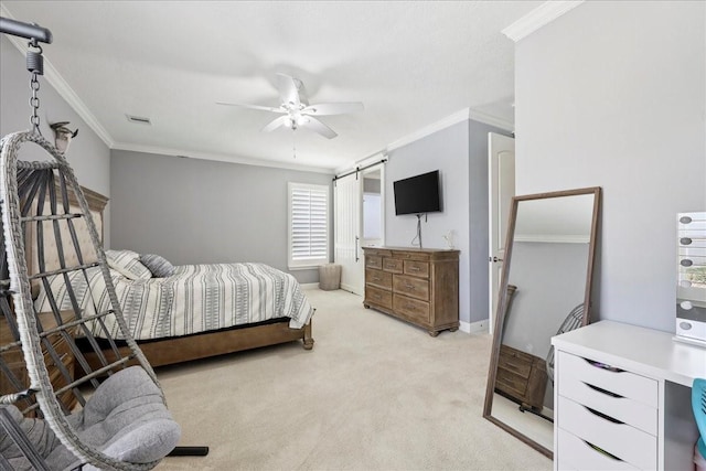 5219 Camp Creek Rd, Baytown, TX 77523 - bedroom featuring crown molding, light colored carpet, and ceiling fan