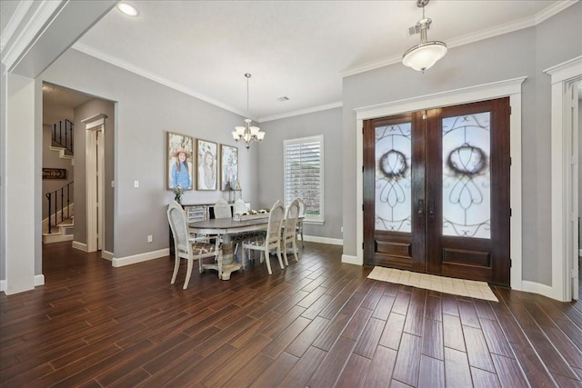 5219 Camp Creek Rd, Baytown, TX 77523 - foyer entrance featuring french doors, a chandelier, wood finished floors, stairway, and crown molding