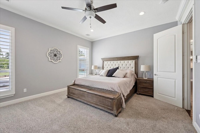 5219 Camp Creek Rd, Baytown, TX 77523 - bedroom featuring carpet flooring, recessed lighting, ornamental molding, and a ceiling fan
