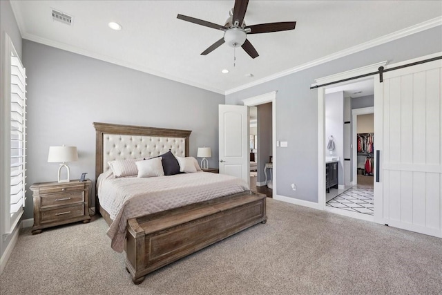 5219 Camp Creek Rd, Baytown, TX 77523 - bedroom with carpet floors, a barn door, recessed lighting, crown molding, and a ceiling fan