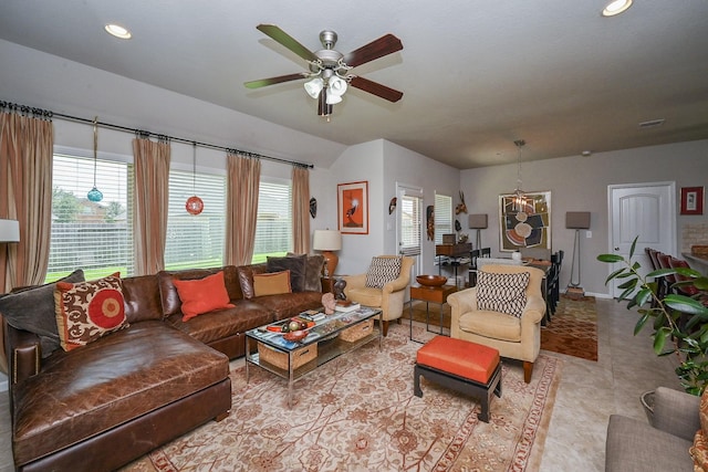 12207 Green City Ln, Houston, TX 77047 - living area featuring healthy amount of natural light, ceiling fan, a chandelier, and recessed lighting