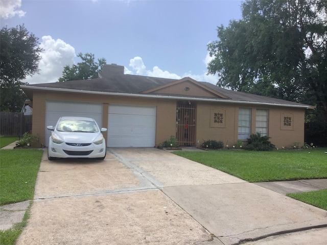 9406 Jolly Wood Ct, Houston, TX 77086 - single story home featuring driveway, brick siding, a garage, a front lawn, and a chimney