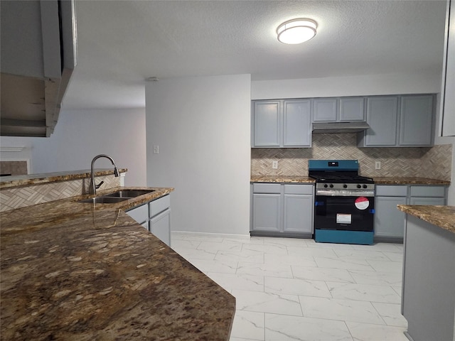 2703 Oakland Brook St, Houston, TX 77038 - kitchen with stainless steel gas stove, light marble finish floors, under cabinet range hood, gray cabinets, and tasteful backsplash