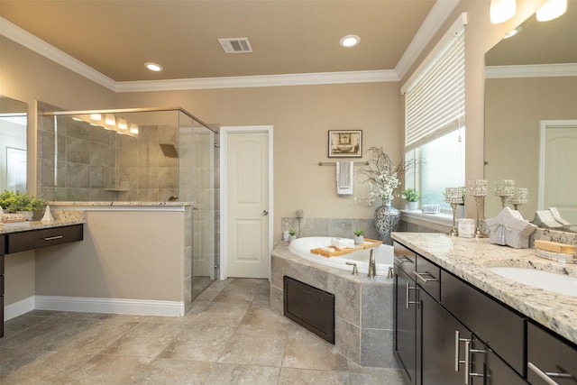 27619 Dalton Bluff Ct, Katy, TX 77494 - bathroom featuring vanity, a garden tub, a stall shower, crown molding, and recessed lighting
