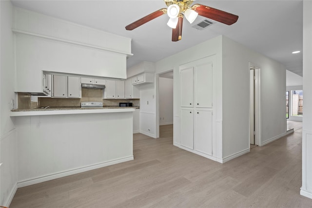 11011 Bandlon Dr, Houston, TX 77072 - kitchen featuring under cabinet range hood, light wood-style floors, a peninsula, ceiling fan, and recessed lighting