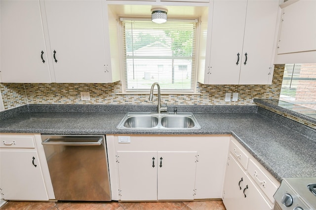 4502 Sanford Rd, Houston, TX 77035 - kitchen with stainless steel dishwasher, white cabinetry, and dark countertops