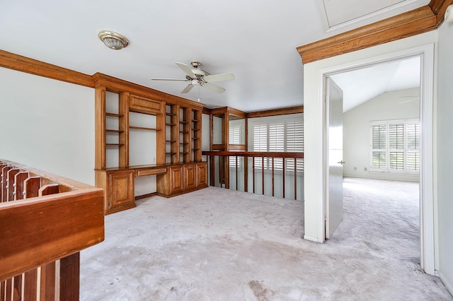 16160 Seahorse Dr, Houston, TX 77062 - empty room featuring ceiling fan, light carpet, lofted ceiling, and an office area