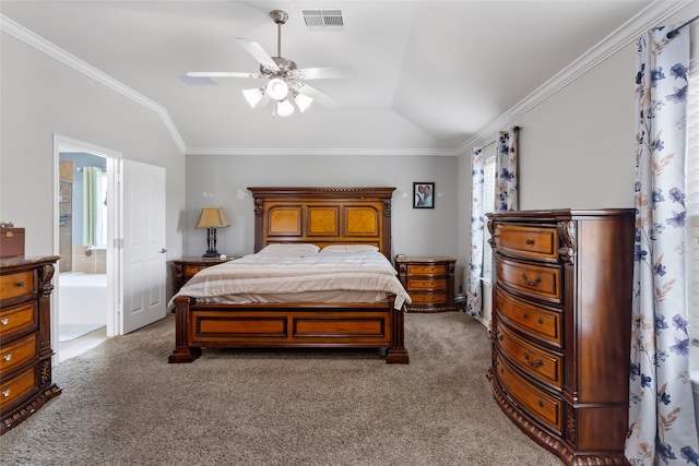 6605 Fallen Breeze Ln, Dickinson, TX 77539 - bedroom with vaulted ceiling, carpet floors, ornamental molding, a ceiling fan, and ensuite bath
