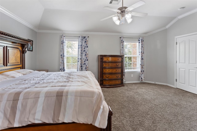 6605 Fallen Breeze Ln, Dickinson, TX 77539 - bedroom featuring multiple windows, lofted ceiling, carpet flooring, ornamental molding, and a ceiling fan