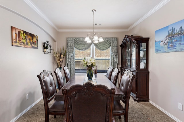 6605 Fallen Breeze Ln, Dickinson, TX 77539 - dining area featuring a chandelier, carpet floors, and crown molding