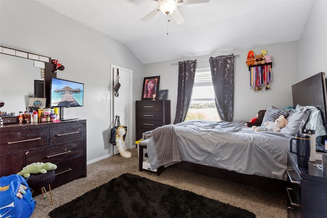 6605 Fallen Breeze Ln, Dickinson, TX 77539 - bedroom featuring lofted ceiling, carpet floors, and a ceiling fan