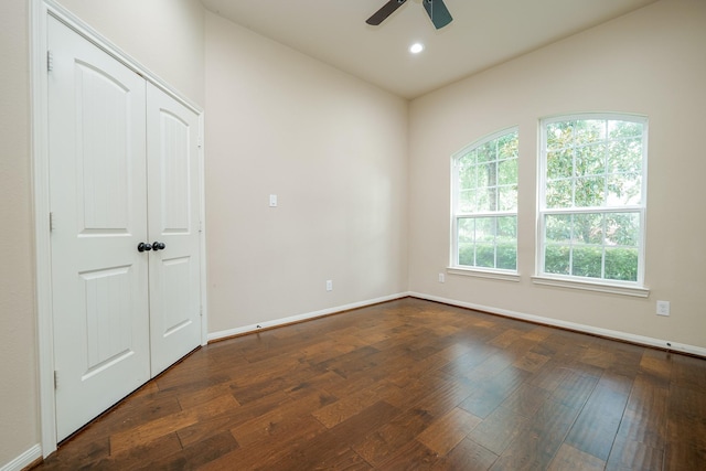 9335 Mystic Falls Ln, Humble, TX 77396 - empty room featuring ceiling fan, dark wood finished floors, and recessed lighting