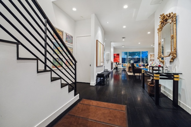 2409 Maconda Ln, Houston, TX 77027 - entrance foyer with hardwood / wood-style flooring, recessed lighting, and stairway