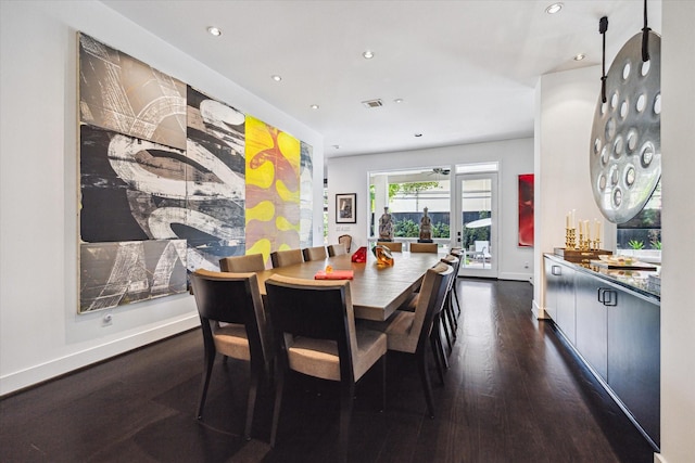 2409 Maconda Ln, Houston, TX 77027 - dining area with dark wood finished floors, recessed lighting, and ceiling fan