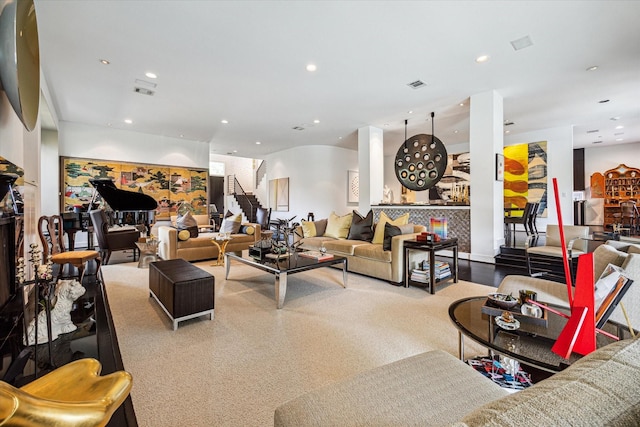 2409 Maconda Ln, Houston, TX 77027 - carpeted living room with recessed lighting and stairway