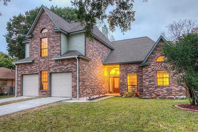 15810 Juneau Ln, Jersey Village, TX 77040 - traditional home with concrete driveway, a garage, roof with shingles, a front yard, and a chimney