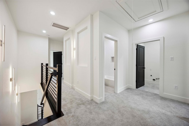 7906 Brandon St, Houston, TX 77051 - corridor featuring attic access, an upstairs landing, carpet, and recessed lighting
