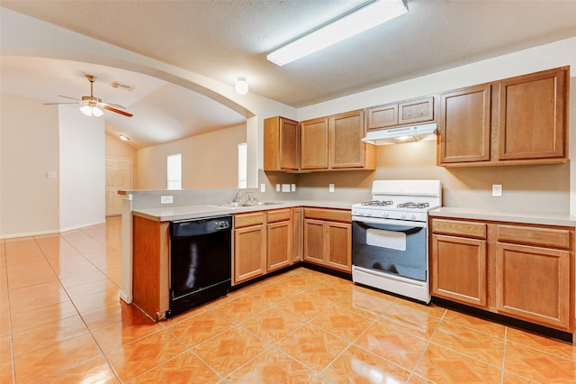14006 Marners Ct, Houston, TX 77014 - kitchen featuring dishwasher, white gas stove, under cabinet range hood, ceiling fan, and light countertops