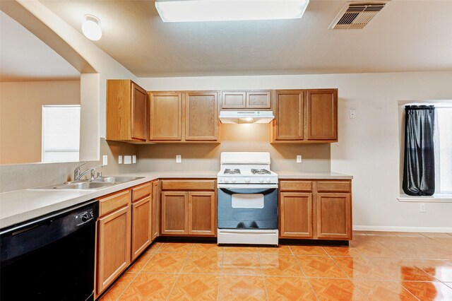 14006 Marners Ct, Houston, TX 77014 - kitchen featuring dishwasher, white gas range oven, under cabinet range hood, light countertops, and light tile patterned floors