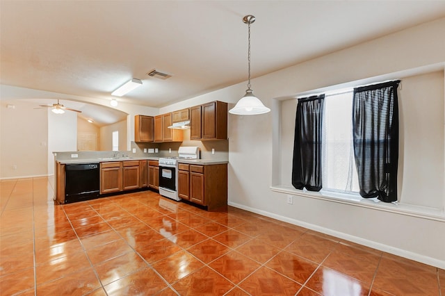 14006 Marners Ct, Houston, TX 77014 - kitchen featuring white range with gas cooktop, dishwasher, light tile patterned flooring, light countertops, and brown cabinetry
