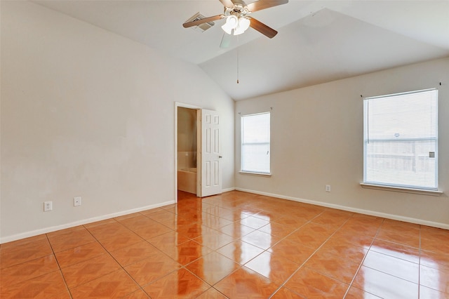 14006 Marners Ct, Houston, TX 77014 - empty room with lofted ceiling, light tile patterned flooring, and ceiling fan