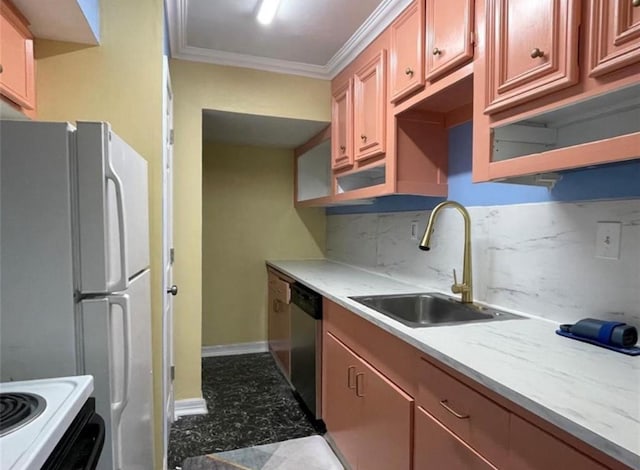 5617 Bissonnet St Unit 104, Houston, TX 77081 - kitchen with stainless steel dishwasher, crown molding, freestanding refrigerator, backsplash, and stove
