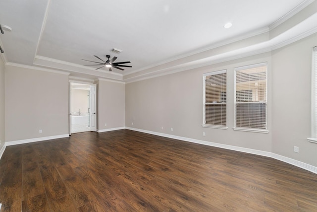 18 Sullivans Ct, Missouri City, TX 77459 - spare room with a tray ceiling, ornamental molding, dark wood-type flooring, and ceiling fan