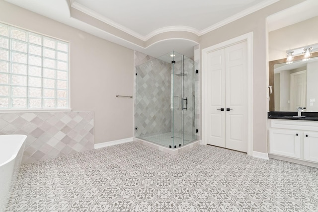 18 Sullivans Ct, Missouri City, TX 77459 - bathroom featuring a shower stall, a freestanding tub, vanity, crown molding, and tile patterned flooring
