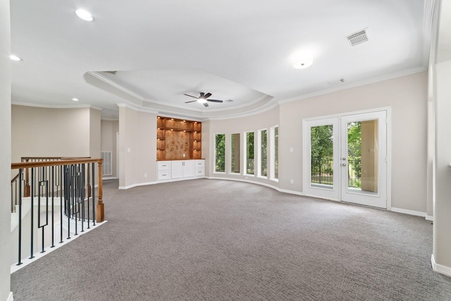 18 Sullivans Ct, Missouri City, TX 77459 - carpeted empty room featuring ornamental molding, a ceiling fan, a raised ceiling, and recessed lighting