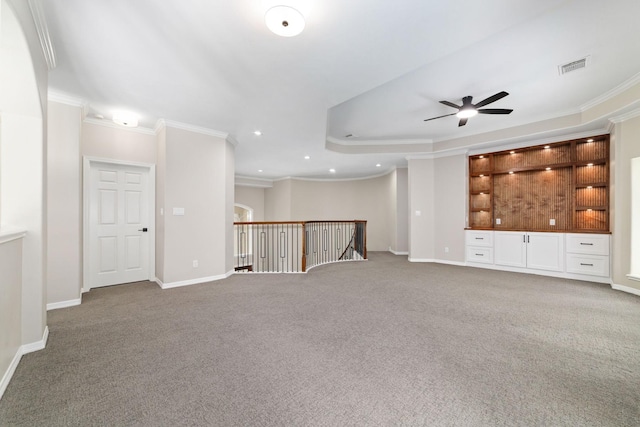 18 Sullivans Ct, Missouri City, TX 77459 - unfurnished living room featuring crown molding, carpet floors, ceiling fan, recessed lighting, and bar