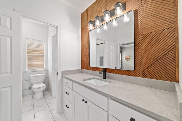 18 Sullivans Ct, Missouri City, TX 77459 - bathroom featuring ornamental molding, marble look tile flooring, and vanity