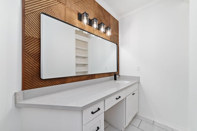 18 Sullivans Ct, Missouri City, TX 77459 - bathroom featuring marble finish floors, vanity, and ornamental molding
