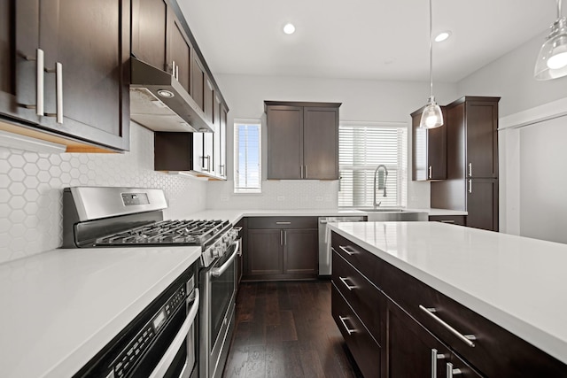 703 Schwartz St, Houston, TX 77020 - kitchen with under cabinet range hood, appliances with stainless steel finishes, dark brown cabinets, dark wood finished floors, and light countertops