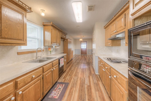 440 Lakeview Drive Loop, Coldspring, TX 77331 - kitchen with appliances with stainless steel finishes, under cabinet range hood, light countertops, light wood finished floors, and a textured ceiling