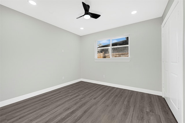 5854 Schevers St, Houston, TX 77033 - unfurnished bedroom featuring dark wood finished floors, recessed lighting, ceiling fan, and a closet