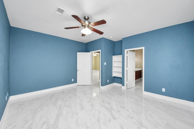 14722 Scenic Sky Way, Houston, TX 77049 - unfurnished bedroom featuring light marble finish flooring, a ceiling fan, and connected bathroom