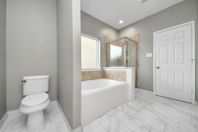 14722 Scenic Sky Way, Houston, TX 77049 - bathroom with a garden tub, marble look tile flooring, a shower stall, and recessed lighting