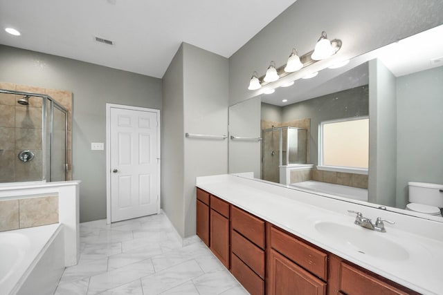 14722 Scenic Sky Way, Houston, TX 77049 - bathroom with a bath, a stall shower, marble finish floors, vanity, and recessed lighting
