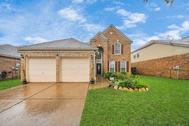 20310 Port Bishop Ln, Richmond, TX 77407 - traditional home featuring concrete driveway, a garage, a front yard, and brick siding