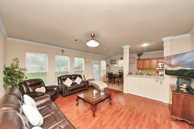 20310 Port Bishop Ln, Richmond, TX 77407 - living room with light wood-style floors, crown molding, and decorative columns