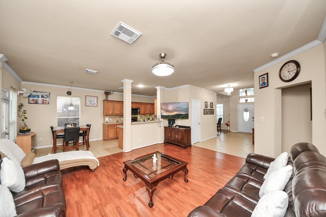 20310 Port Bishop Ln, Richmond, TX 77407 - living room featuring ornate columns, ornamental molding, and light wood-style flooring